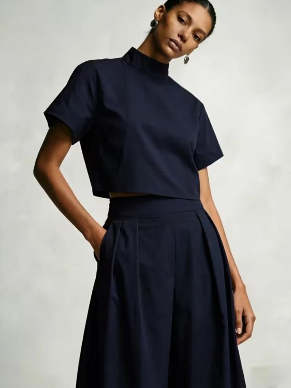 Navy Blue Short Top + Wide Leg Pants Set - Picture 5 of 5